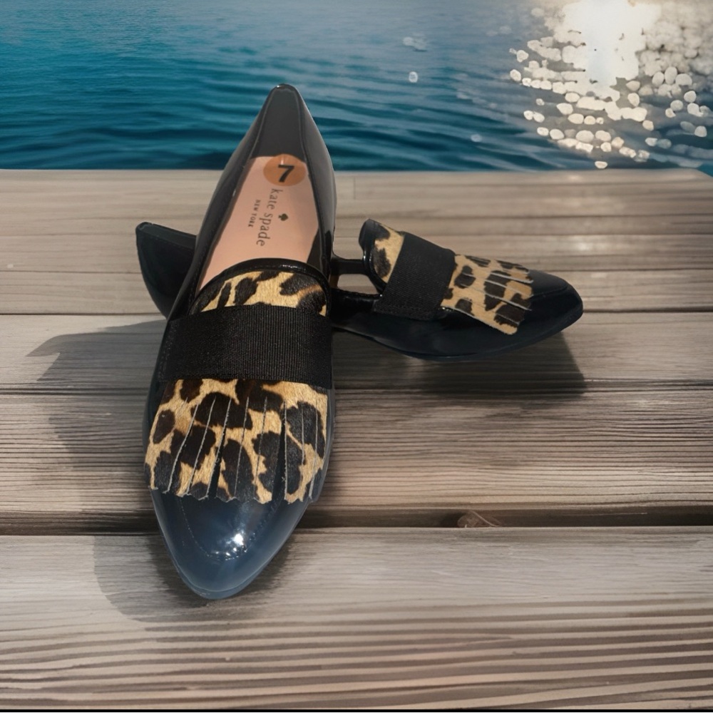 KATE SPADE WMS New York Cayla Leopard Black Patent Leather & Fur Loafers 7M NWOB